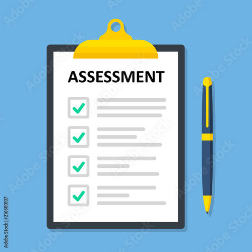 Clipboard checklist with assessment. Paperwork, sheets in folder flat design - stock vector.