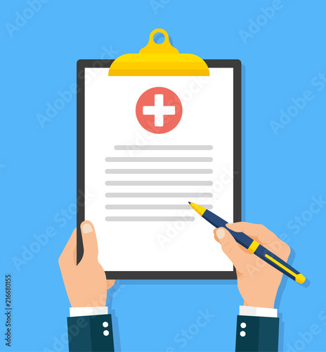 Man hands holding medical clipboard icon. Flat style - stock vector.