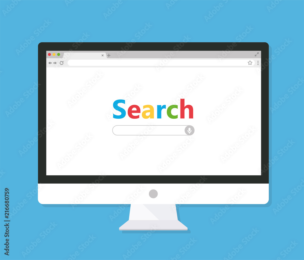 Computer monitor with browser and search bar. Flat style - stock vector.