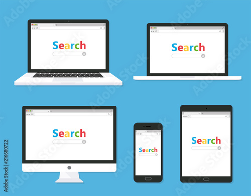 Set of monitor, laptop, tablet, smartphone with browser and search bar. Flat style - stock vector.
