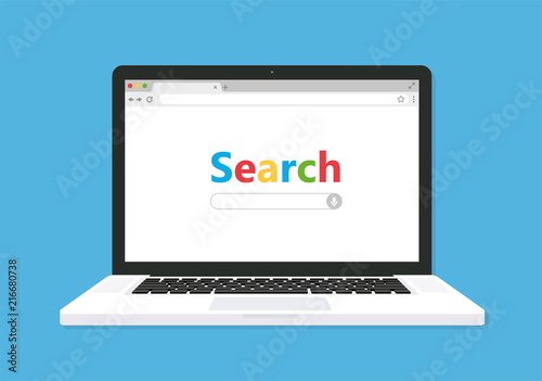 Laptop with browser and search bar. Flat style - stock vector. photo