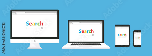 Set of monitor, laptop, tablet, smartphone with browser and search bar. Flat style - stock vector.