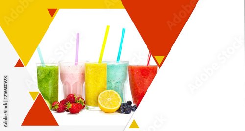 Collage of glass jars with fresh delicious smoothie and straw
