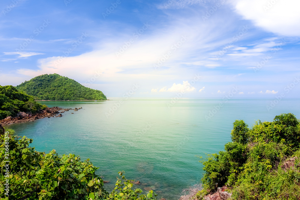 Rocky cliff above the beautiful clear Sea and Island,View from Noen Nangphaya View Point , Chanthaburi, Thailand
