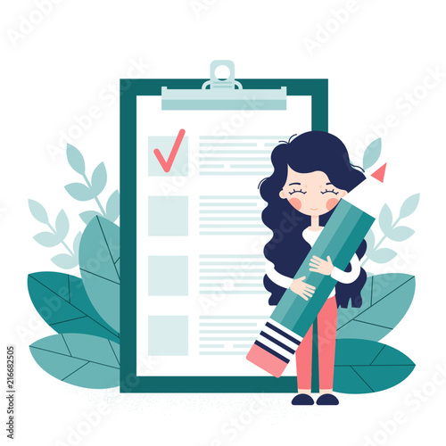 The form for the survey. Questioning. A girl is holding a pencil to fill out a blank. Vector illustration.