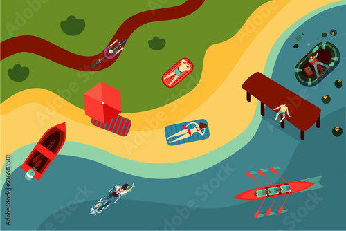 Top view of the bech with people. Lake and river shore. Holiday tourist activity in a summer camp.