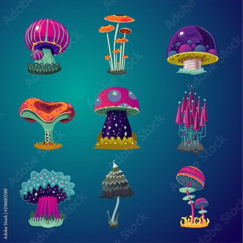 Magic cartoon mushrooms icons set. Fantasy object vector illustration. Game design element collection.