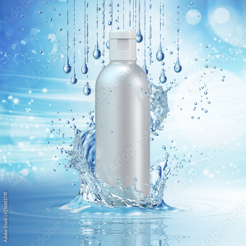 White cosmetic products with water splash on cyan background.