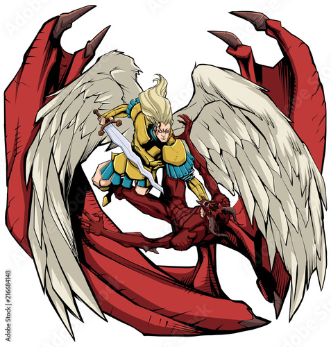 Line art illustration of Archangel Michael defeating Satan.
