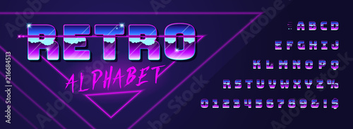 Retro font and alphabet 80's with metallic effect. Vector typeface in futurism style for your design.