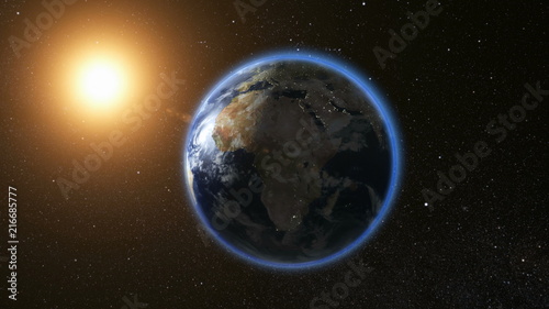 Space view on Planet Earth and Sun Star rotating on its axis in black Universe. Seamless loop with day and night city lights change. Astronomy and science concept. Elements of image furnished by NASA