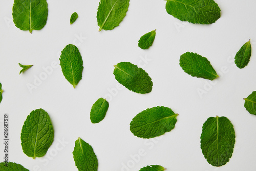 Flat lay view of green mint leaves isolated on white background