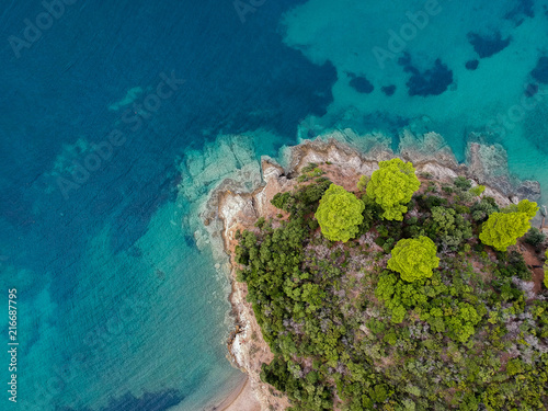 Aerial view of bright turqoise water and beach with pine forest.