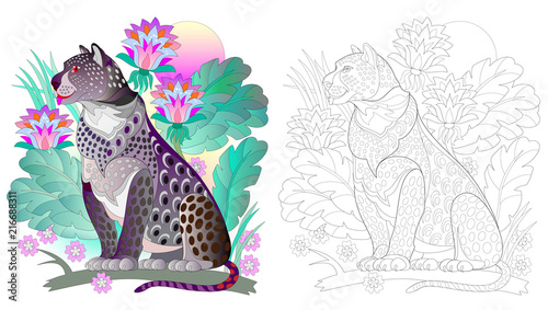 Colorful and black and white pattern for coloring. Drawing of black leopard in fantasy tropical environment. Worksheet for children and adults. Vector image.