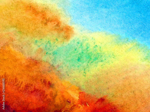 Watercolor abstract bright colorful textural background handmade . Painting of sky and clouds during sunset  . Modern seascape . Shine © olha