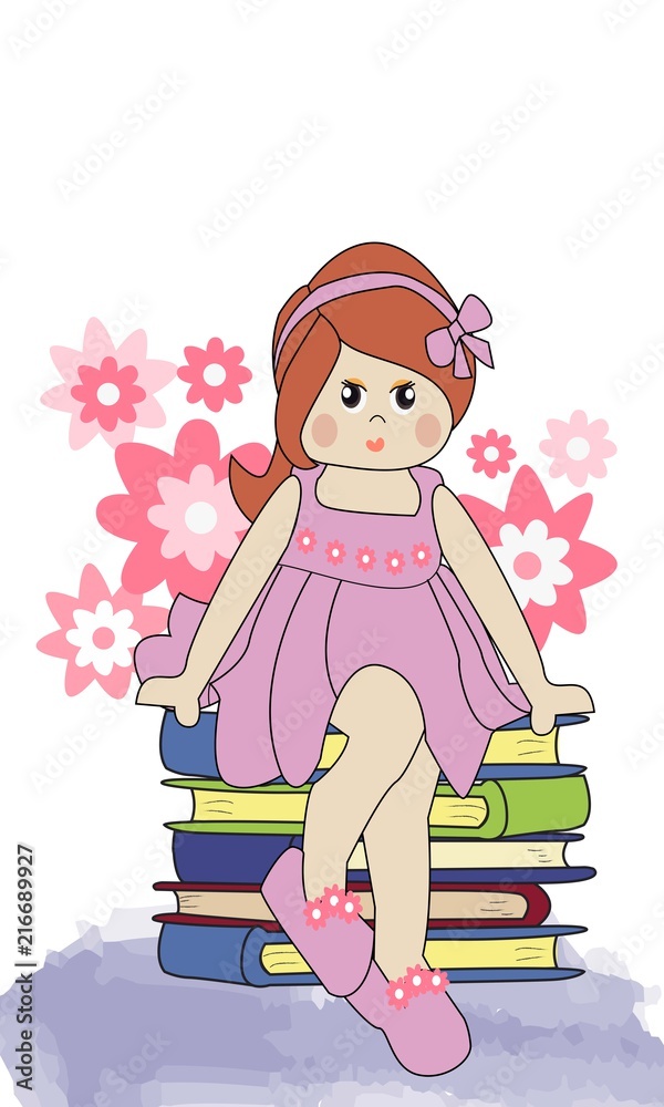 Niña con vestido lila sentada en libros. Niña con vestido lila sentada en libros.