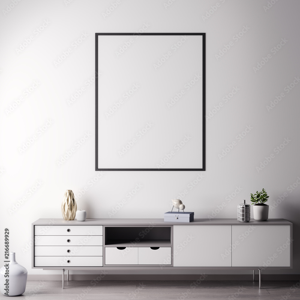 Fototapeta Makiety rama plakatowa w pokoju wnętrze z białym wal, nowoczesny styl, ilustracja 3D