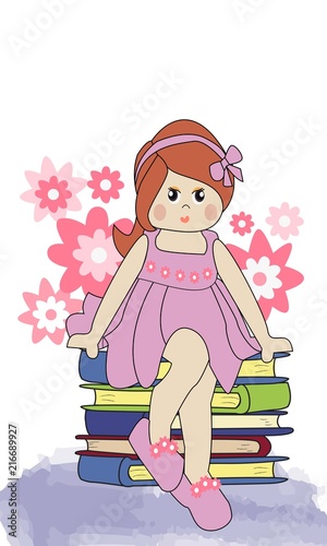 Niña con vestido lila sentada en libros.