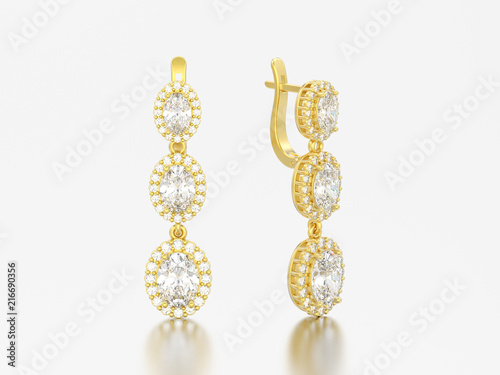 3D illustration jewelry yellow gold diamond earrings with hinged lock