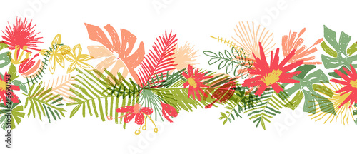 Tropical flower hand drawn border, vector illustration isolated on white background. Floral bouquet, exotic plant leaf, doodle style