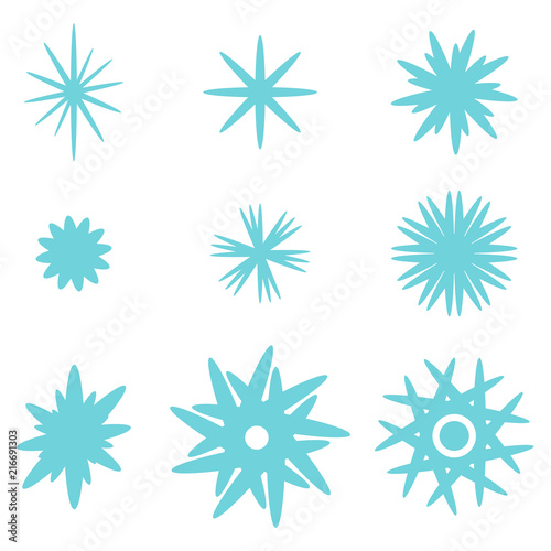 Set of blue snowflakes. Collection of stars on white background. Vector illustration.