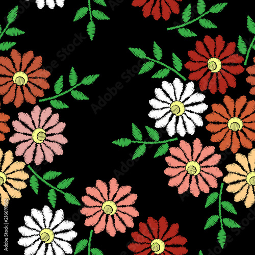Embroidery stitches imitation seamless pattern with flower