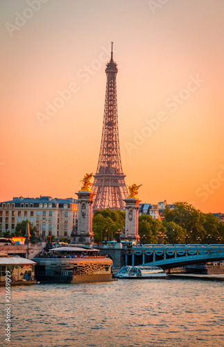 Sunset view of  Eiffel Tower and river Seine in Paris, France.