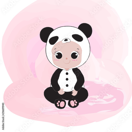 Cute baby in fancy panda costume with pink pastel background. Character design. Cartoon vector illustration.