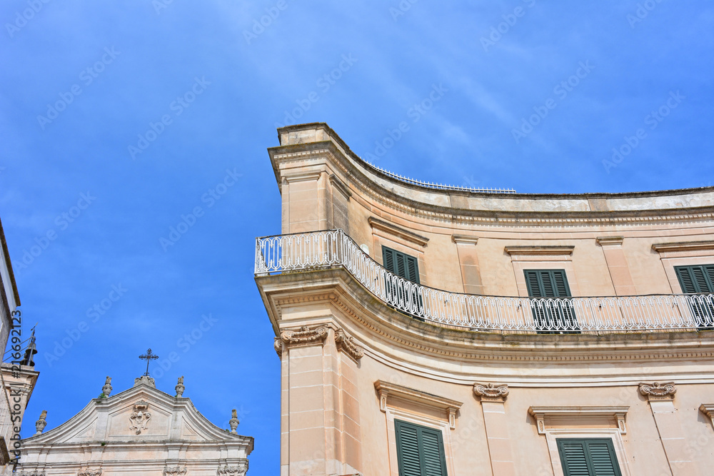 Italy, Puglia region, Martina Franca, medieval historical center in the middle of Valle d'Itria. View and details of ancient buildings.