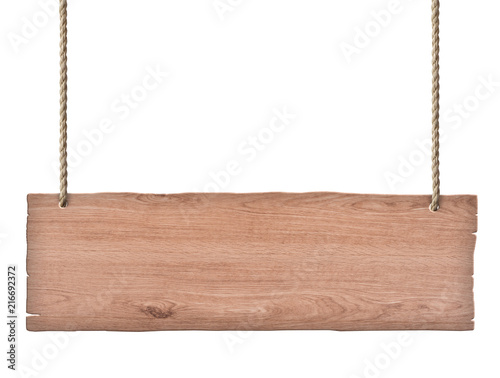 Hanging sign made of wood isolated on white background