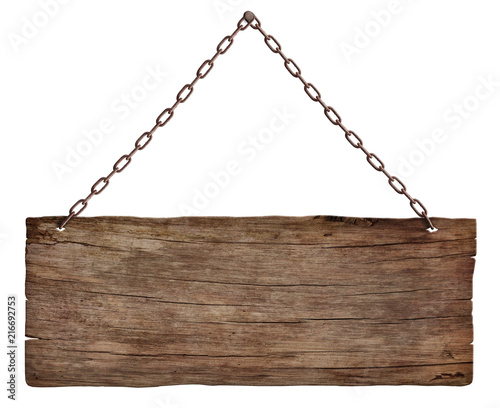 old wooden sign hanging on a chain isolated on white background