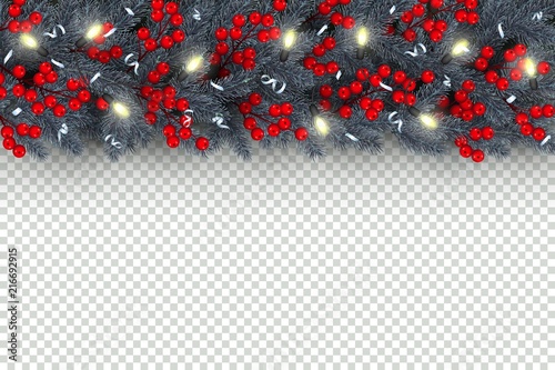 Christmas and New Year horizontal border Realistic branches of Christmas tree, garland with lightbulbs, holly berries