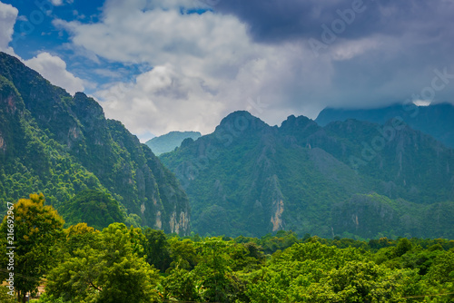 Landscape of mountains and clouds Green tree in the rainy season 