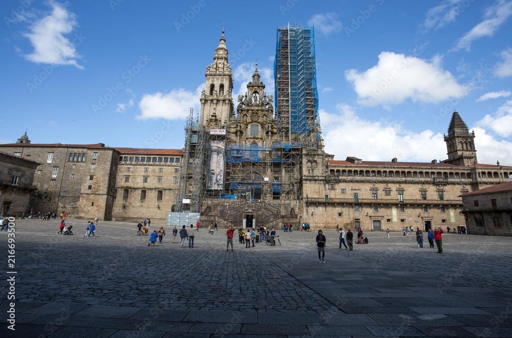 SANTIAGO DE COMPOSTELA, SPAIN, JUNE 14, 2016 - Santiago de Compostela Cathedral in Obradoiro Square with facade in restoration, in Santiago de Compostela, Galicia, Spain