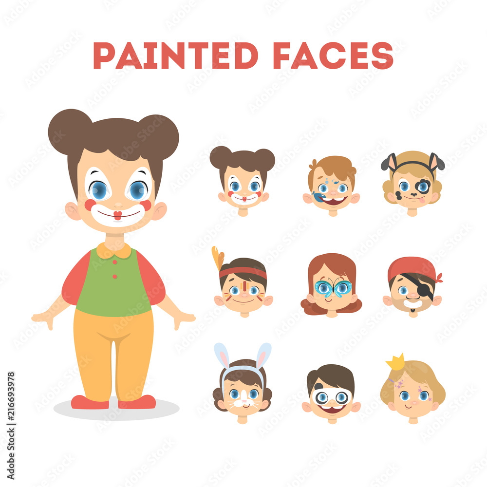 Set of happy children portraits with painted faces Set of happy children portraits with painted faces