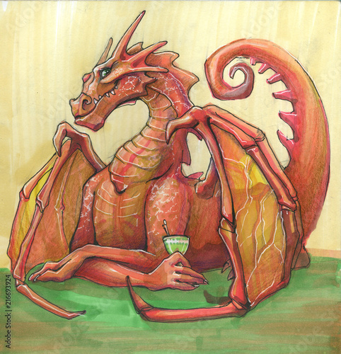 the drinking dragon female of a red dragon drinks cocktail sitting at table