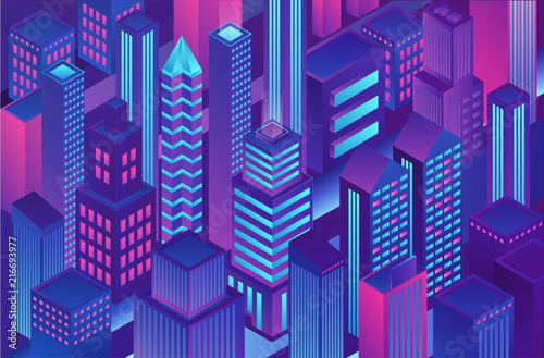 Isometric trendy violet blue gradient color city template illustration of cryptography, online electronic finance and secure banking. photo