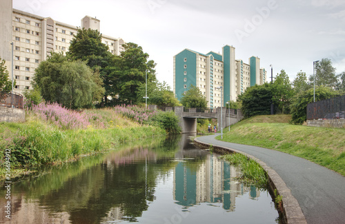 A photograph of tall residential buildings in the Wester Hail suburbs of Edinburgh, Scotland, United Kingdom near the Union Canal photo