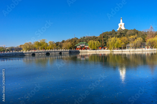 Yongan Bridge Buddhist White Stupa Beihai Lake Park Beijing China