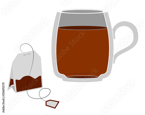 Glass mug with tea. A bag of tea next to me. Simple lines and drawing.