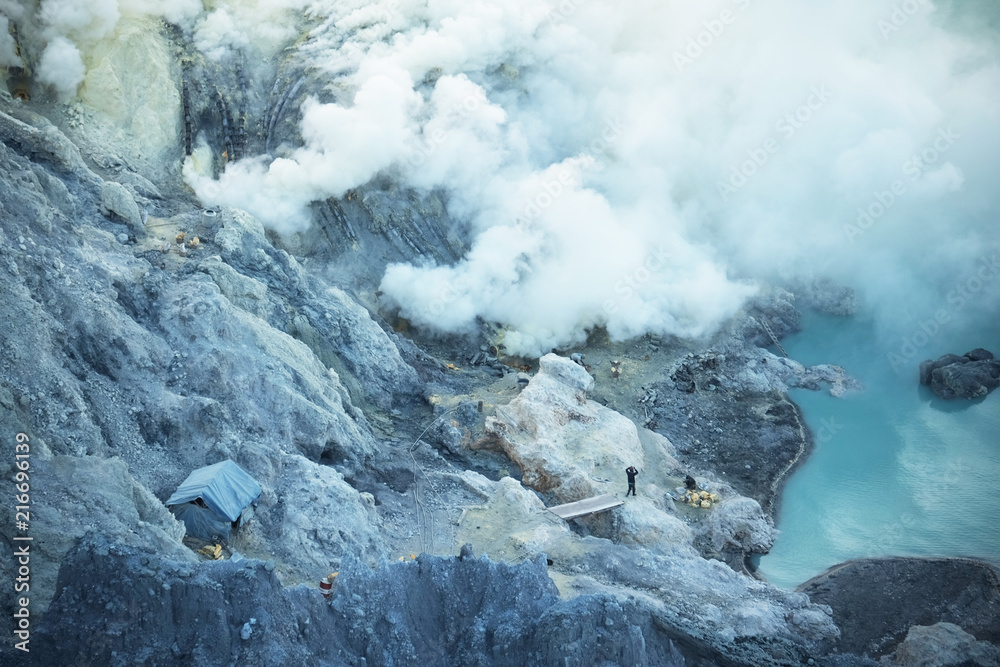 Landscape of Sulfur Mine and smoke at Khawa Ijen Volcano Crater Java Island, Indonesia