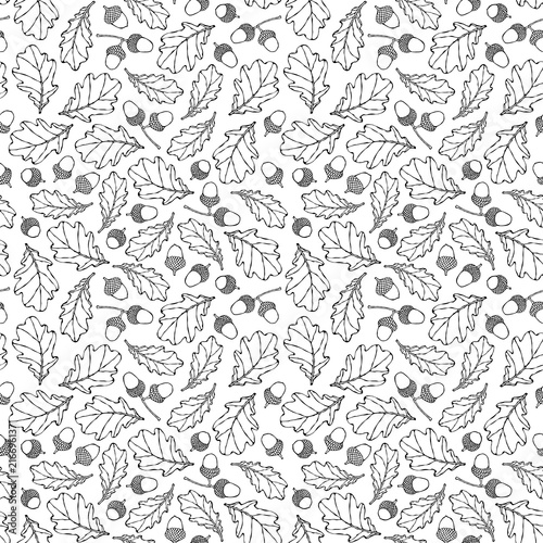 Seamless Endless Pattern of Oak Leaves and Acorns. Green and Yellow. Autumn or Fall Harvest Collection. Realistic Hand Drawn High Quality Vector Illustration. Doodle Style.