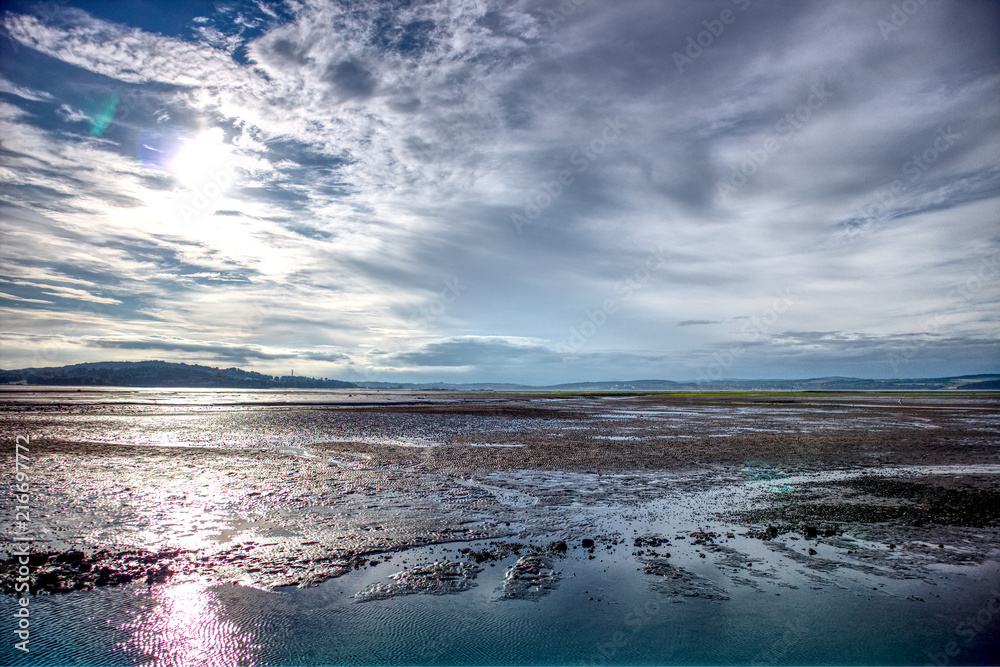 A beautiful shot of the Firth of Forth river at low tide taken from Cramond Island, close to Edinburgh in Scotland, United Kingdom.