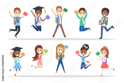 Set of cute little jumping school kids