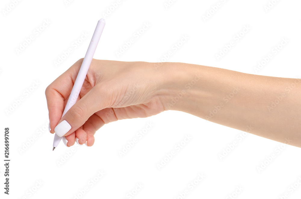 White pen in hand on white background isolation White pen in hand on white background isolation