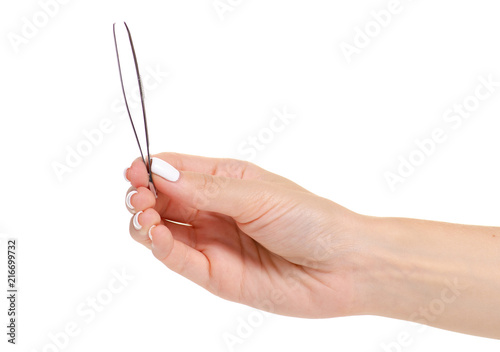 Tweezers in hand care metal care metal on white background isolation