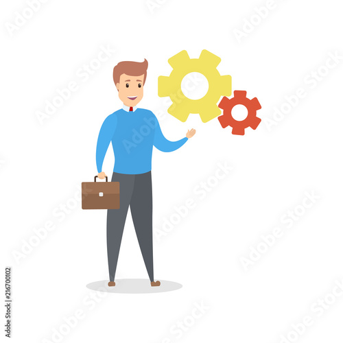 Businessman pointing at giant cog