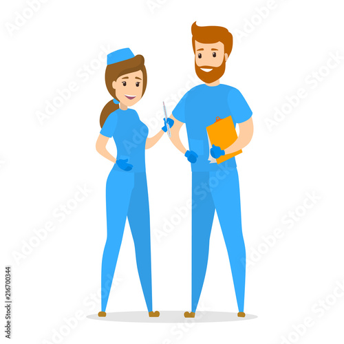 Nurse couple standing in blue uniform