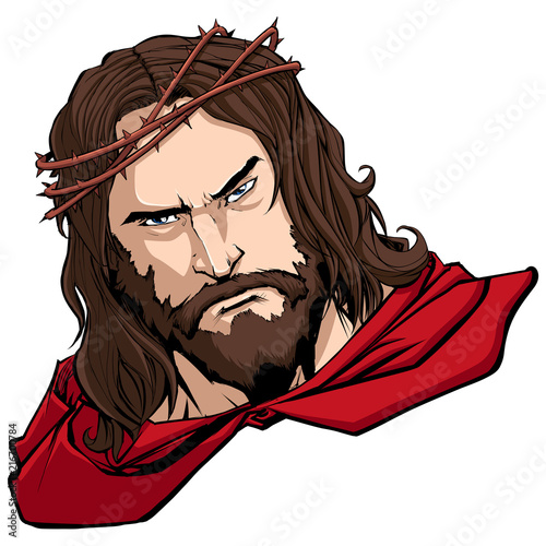 Portrait of Jesus Christ wearing red cape like a superhero, and looking at you with serious expression.
