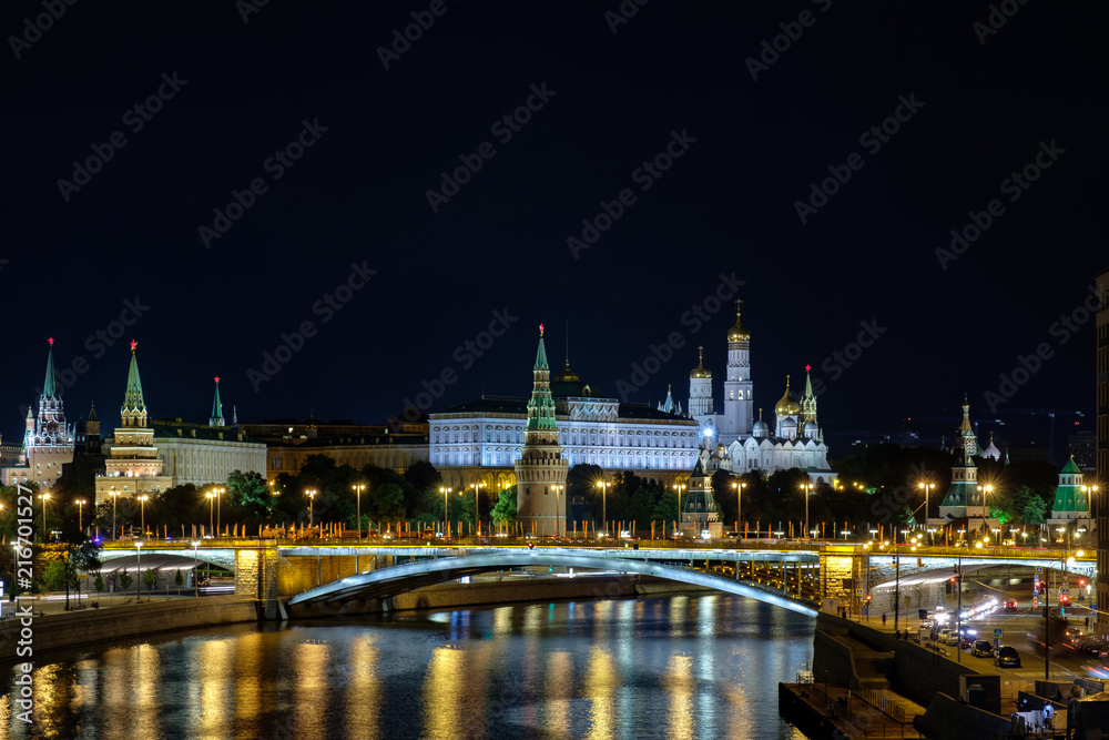Landscape with night view on Moscow river and Kremlin.